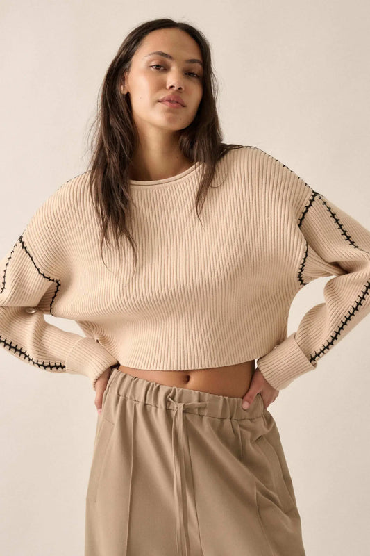 Stitched Up Cropped Blanket Stitch Sweater