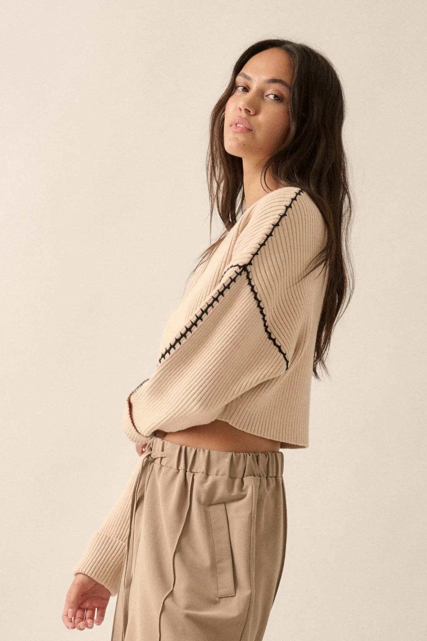 Stitched Up Cropped Blanket Stitch Sweater