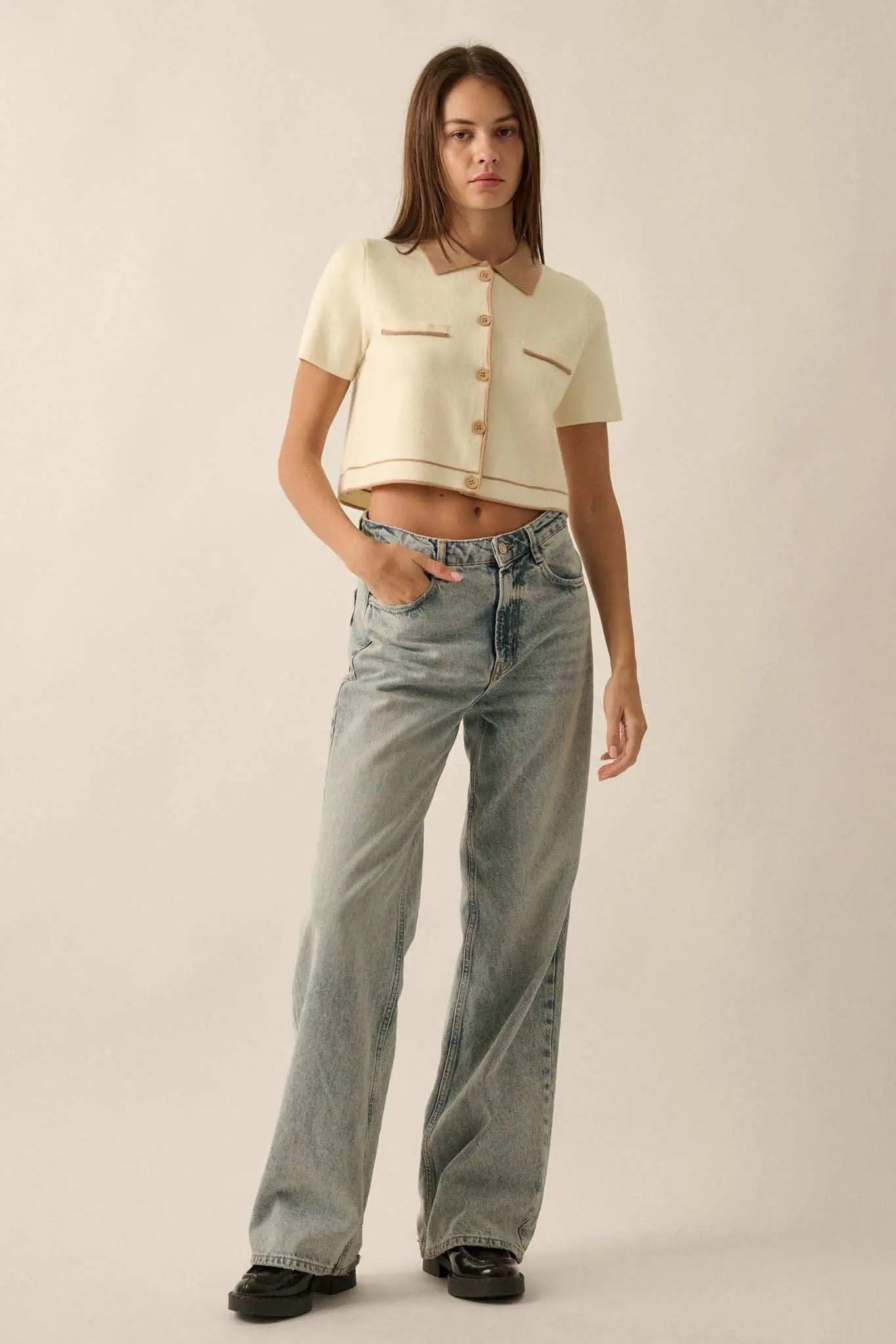 Study Break Sweater-Knit Cropped Button-Up Shirt