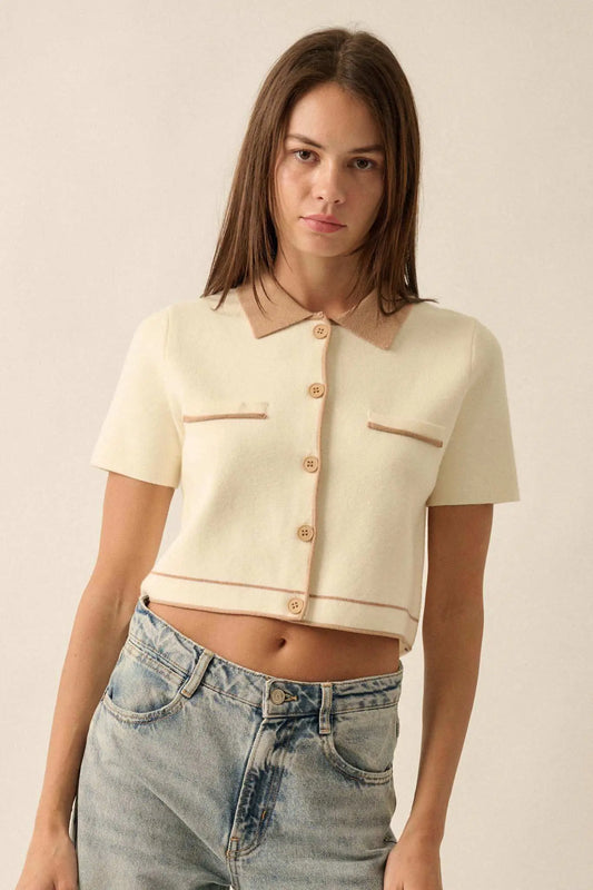 Study Break Sweater-Knit Cropped Button-Up Shirt