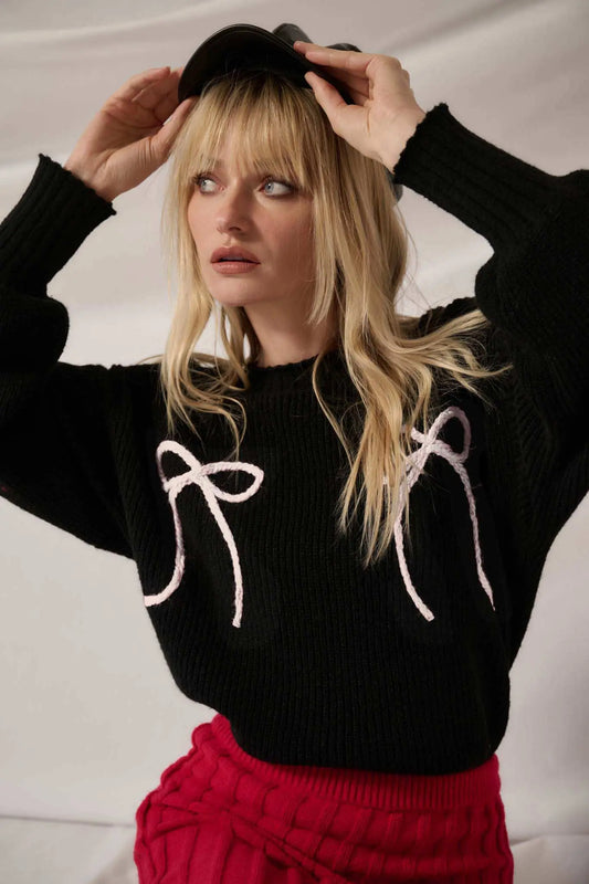 Tied and True Ribbed Knit Yarn Bow Sweater