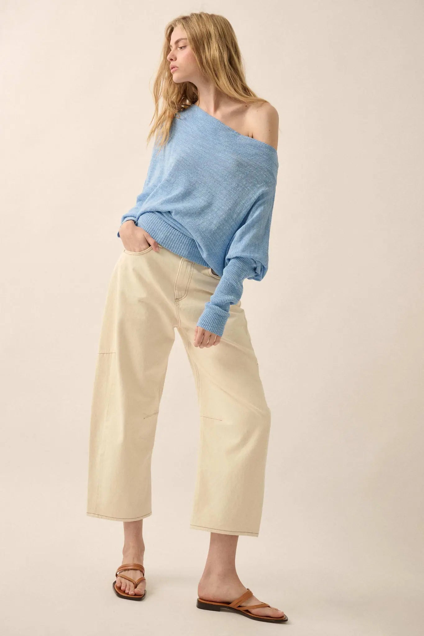 Too Blessed One-Shoulder Slub-Knit Dolman Sweater
