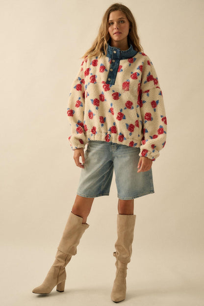 Winter Roses Floral Fleece Half-Zip Pullover