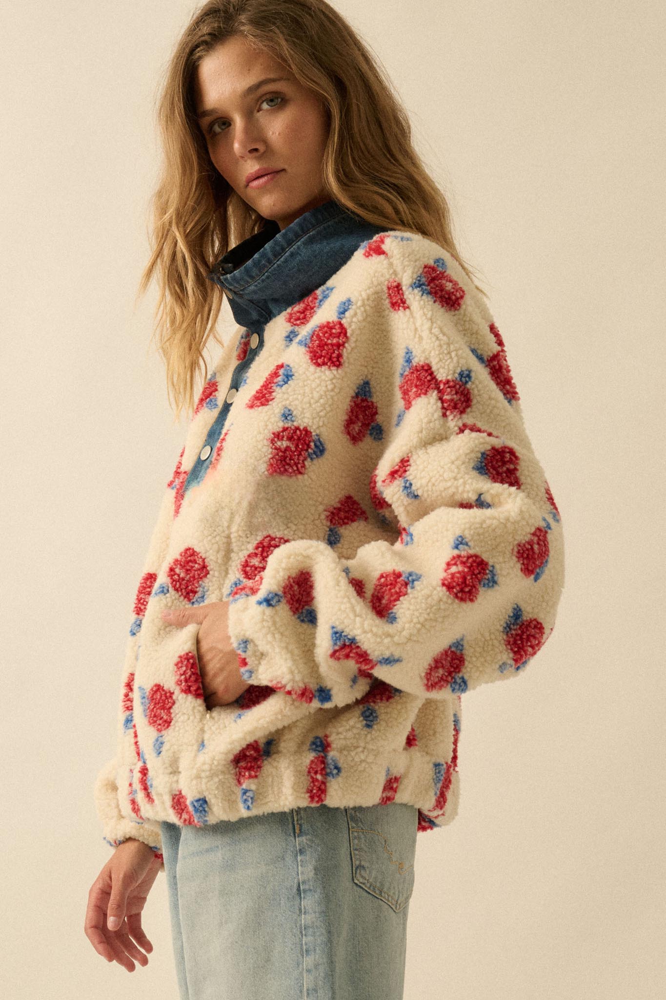 Winter Roses Floral Fleece Half-Zip Pullover