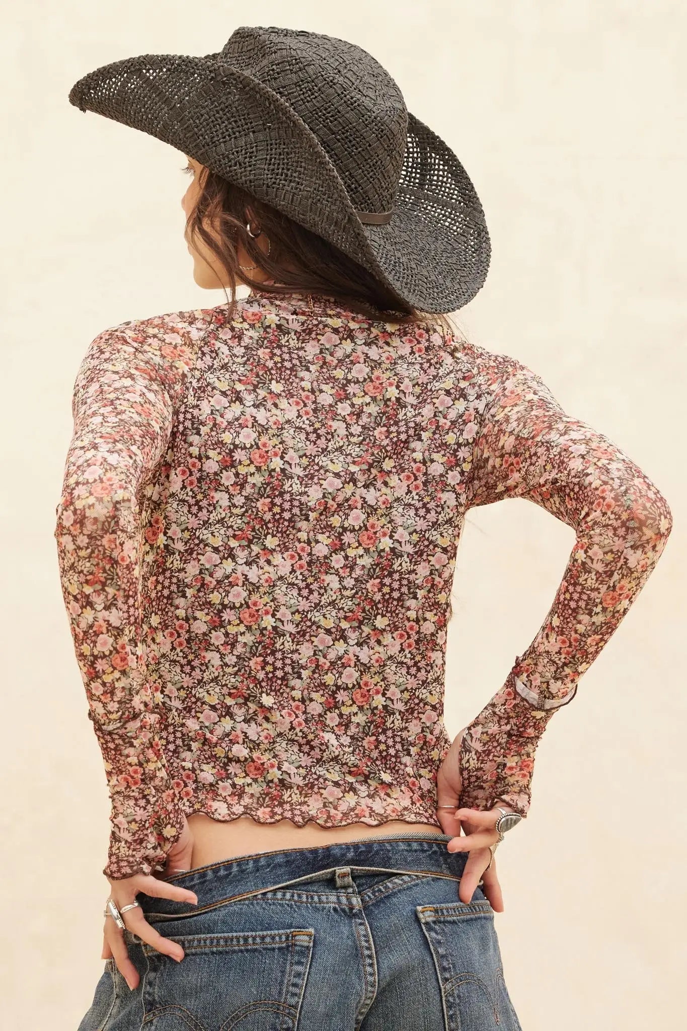 Wildflower Bouquet Floral Mesh Mock-Neck Top