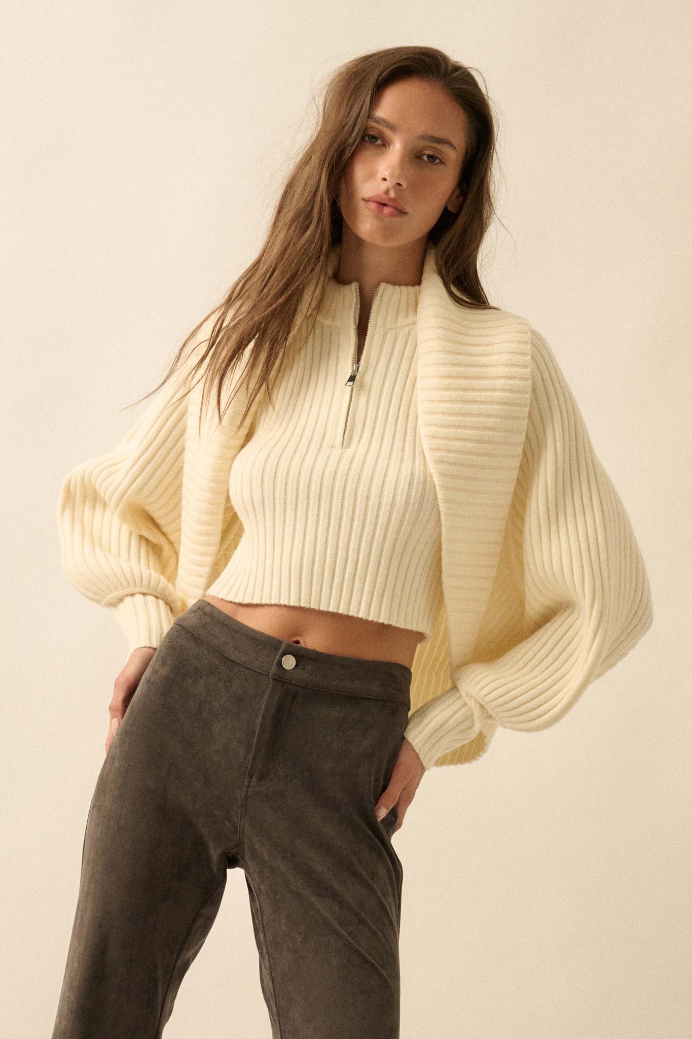 Way of Life Rib-Knit Shrug and Sleeveless Crop Top
