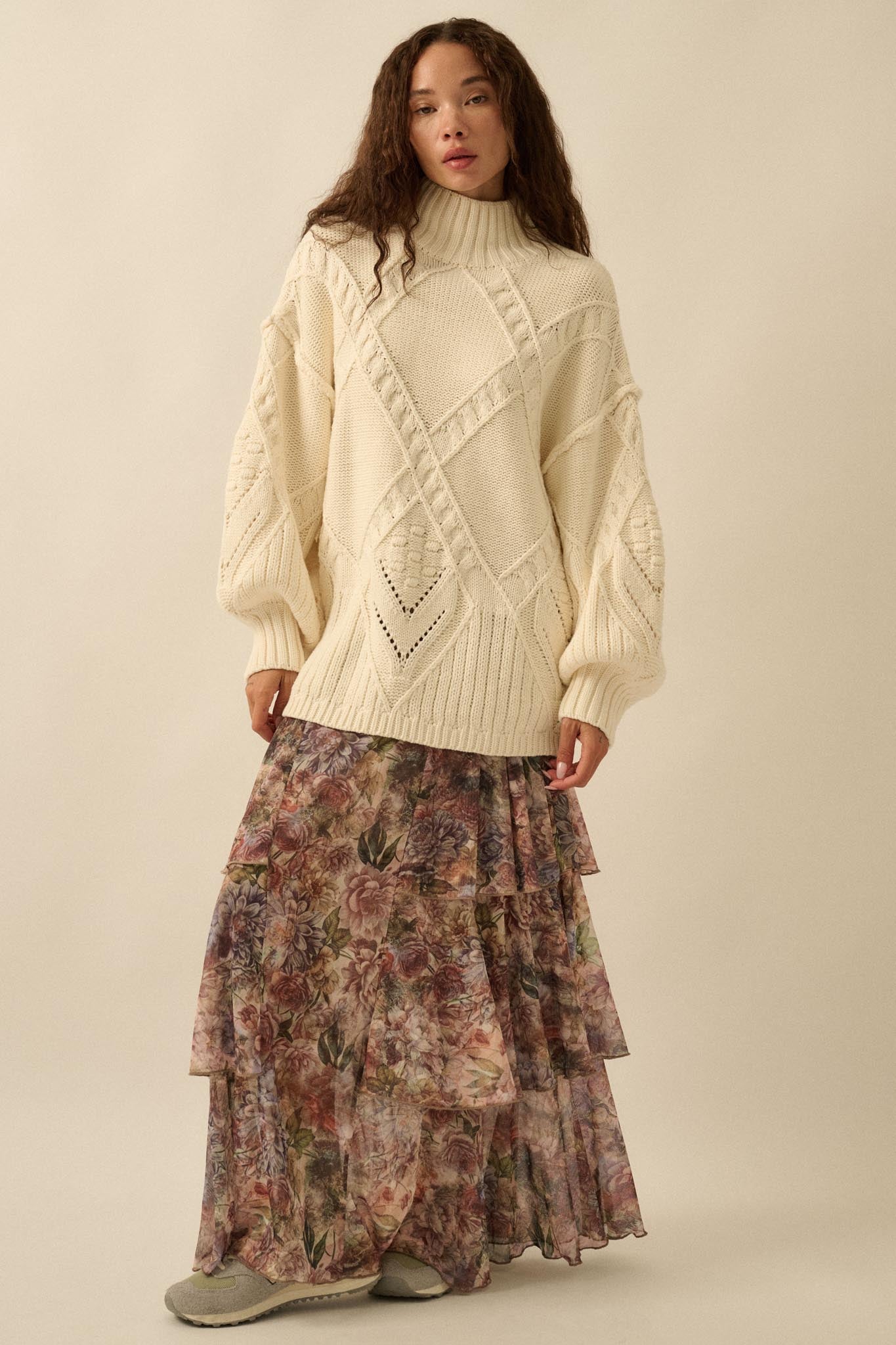 Twist Ending Oversize Cable Knit Mock-Neck Sweater