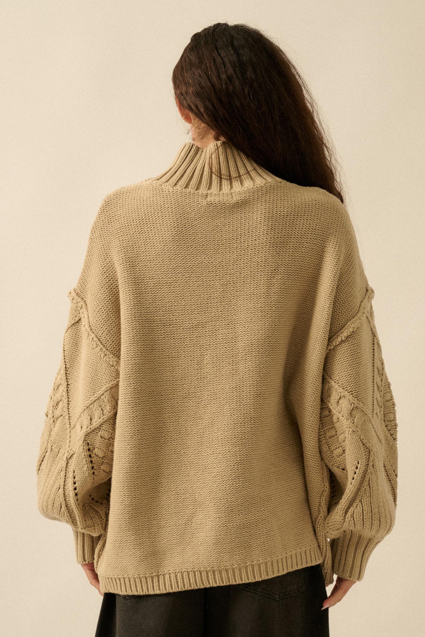 Twist Ending Oversize Cable Knit Mock-Neck Sweater