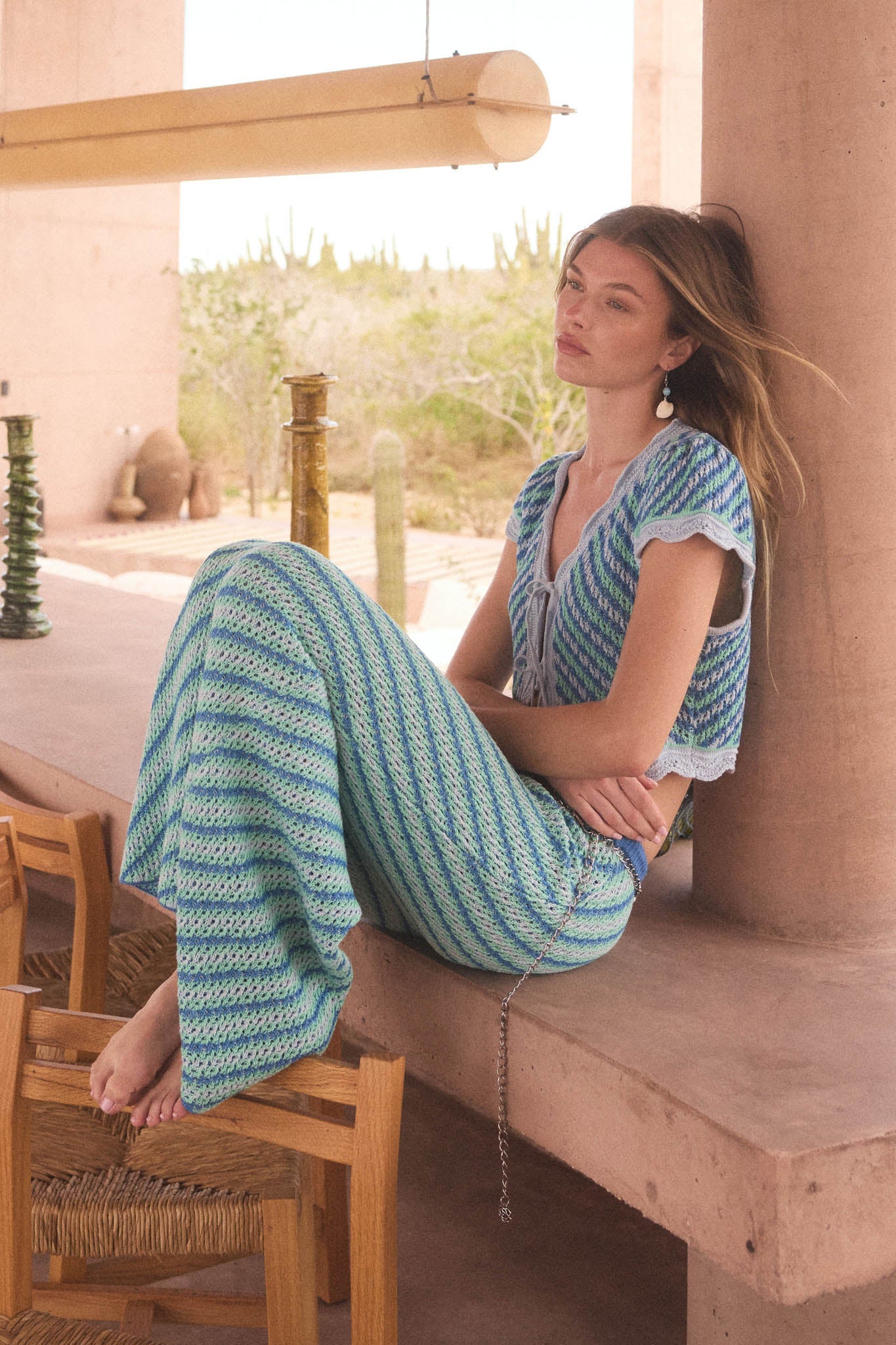 Summer Love Striped Crochet-Knit Tie-Front Top