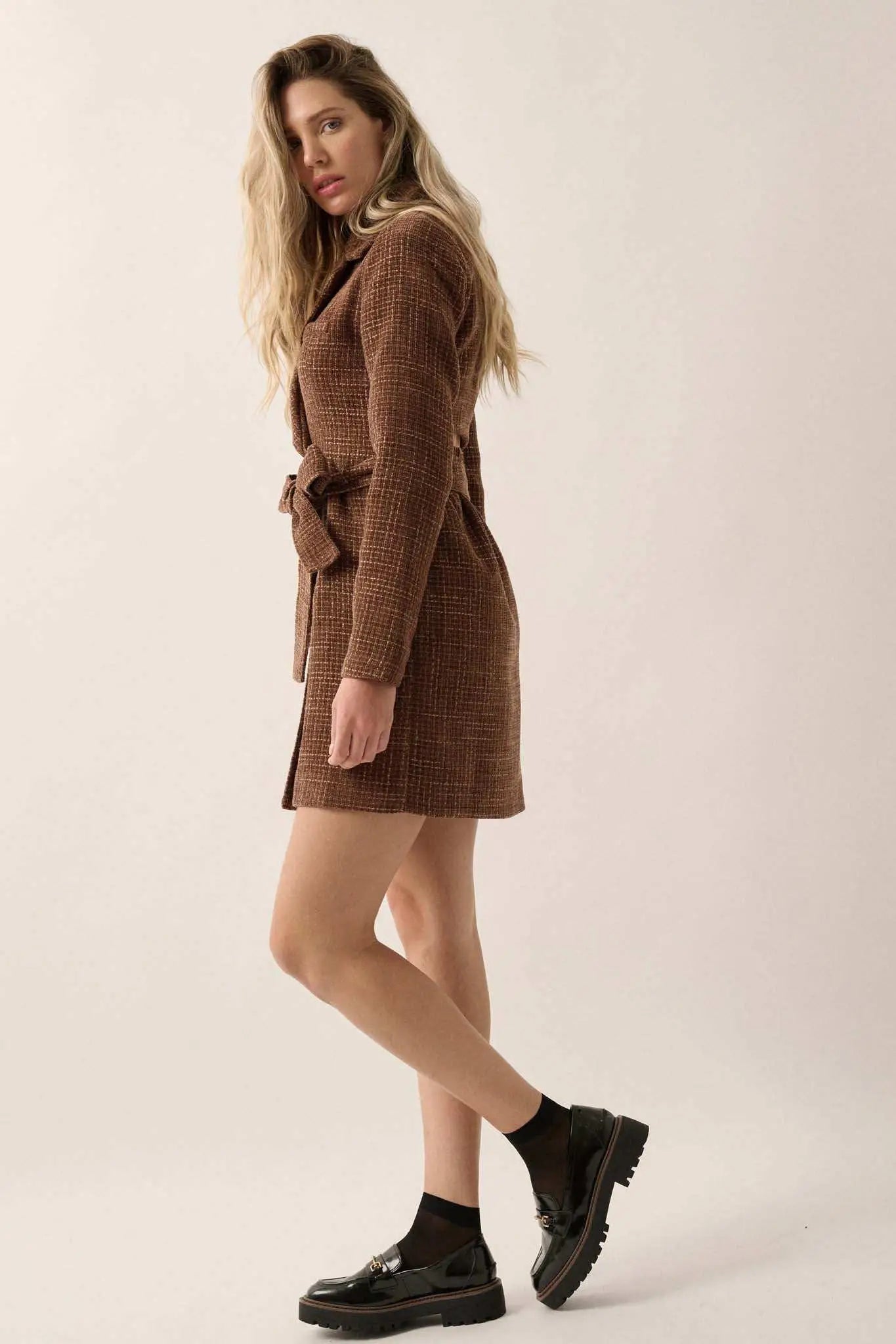 Working Late Tweed Belted Blazer Mini Dress