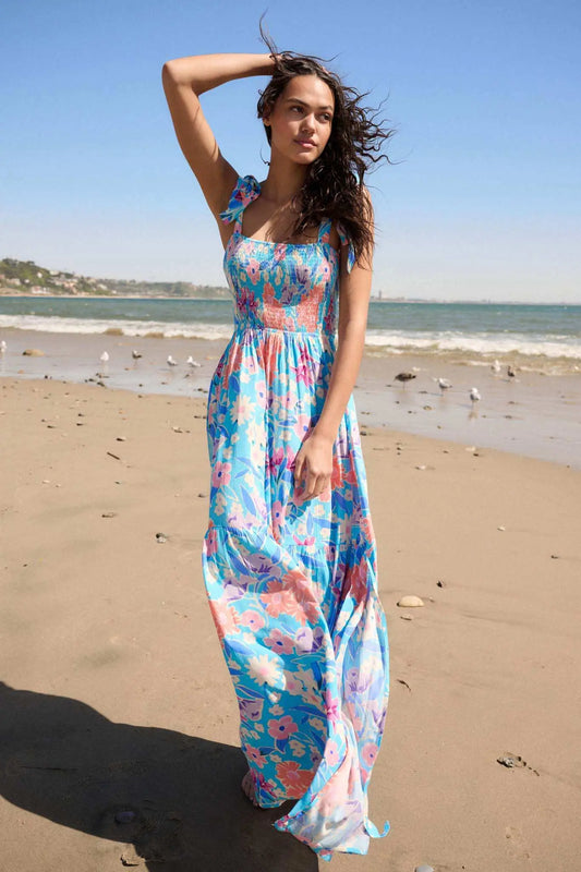 There She Grows Smocked Floral Crepe Maxi Dress