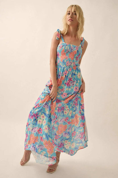 There She Grows Smocked Floral Crepe Maxi Dress