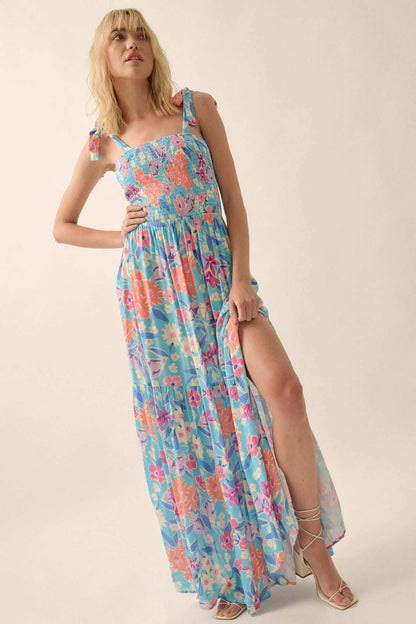 There She Grows Smocked Floral Crepe Maxi Dress