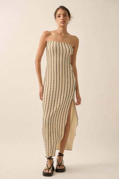 Whispering Waves Striped Knit Strapless Maxi Dress