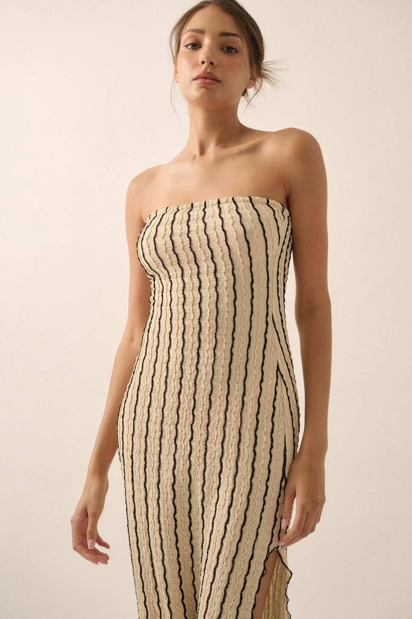 Whispering Waves Striped Knit Strapless Maxi Dress