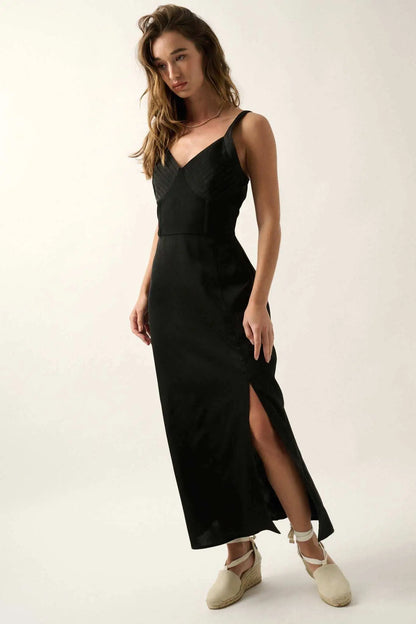 To the Nines Pleated Bodice Satin Midi Dress