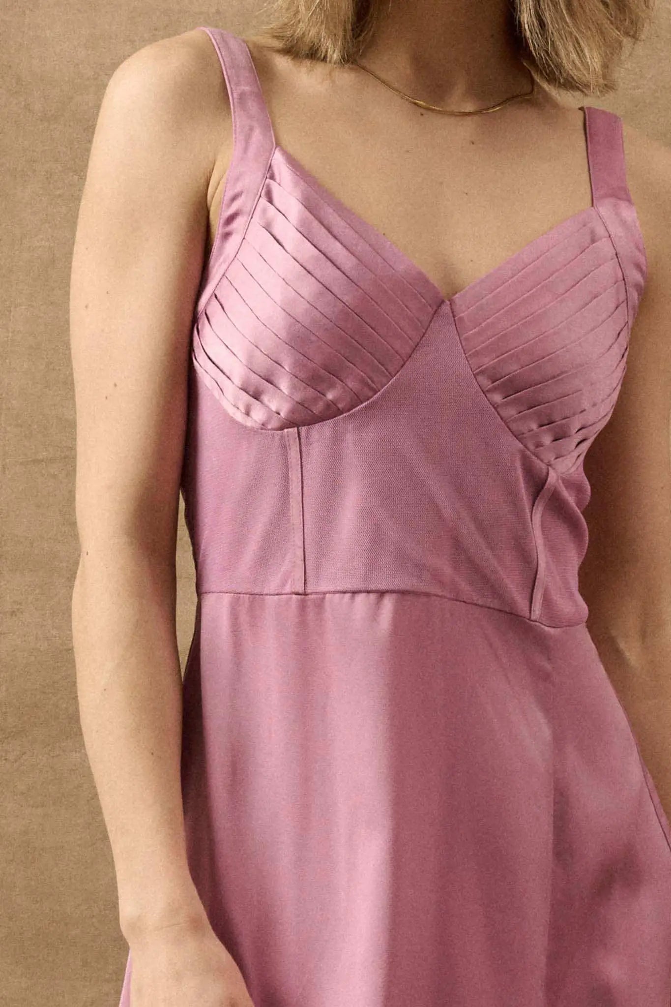 To the Nines Pleated Bodice Satin Midi Dress