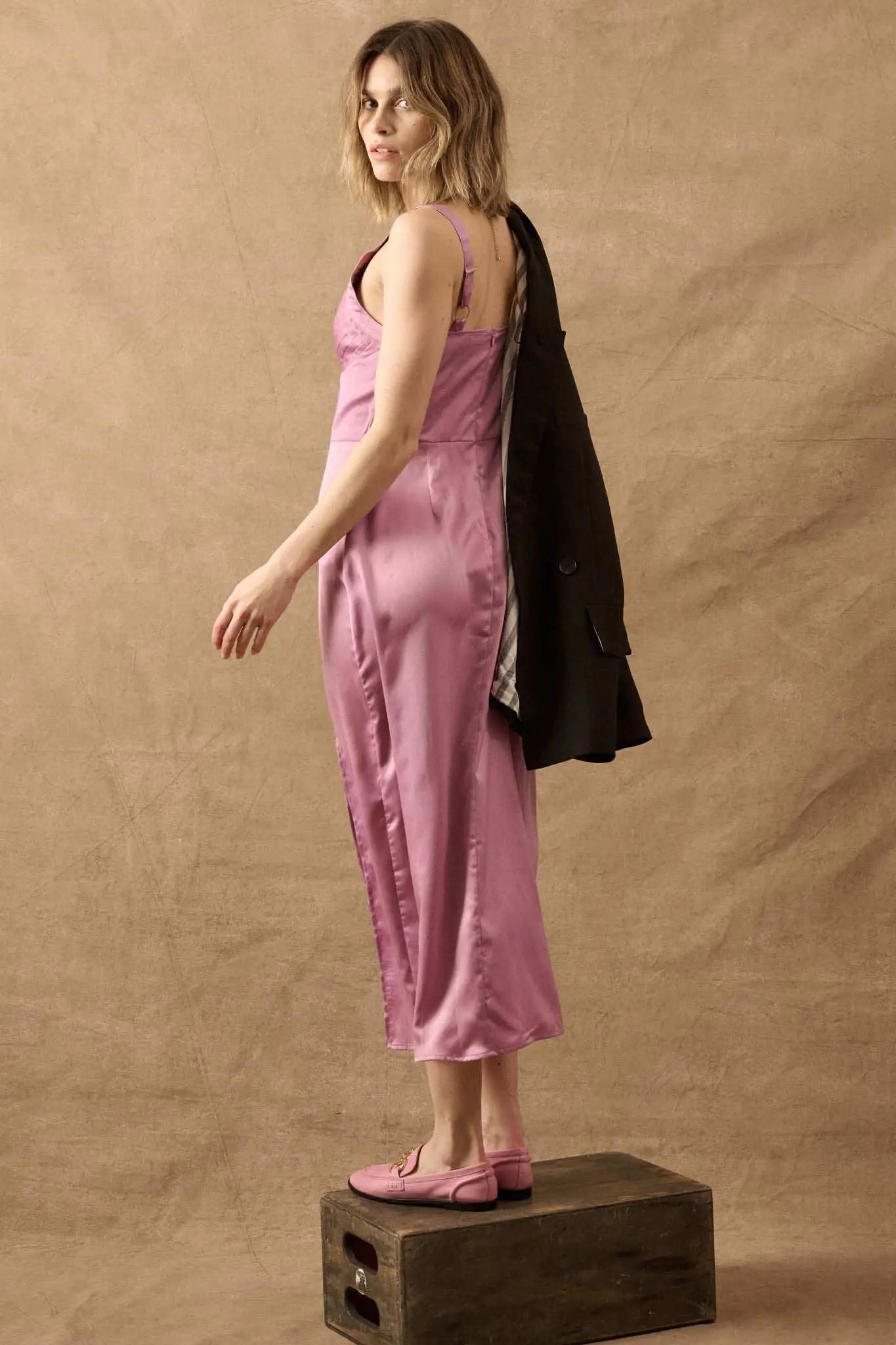 To the Nines Pleated Bodice Satin Midi Dress