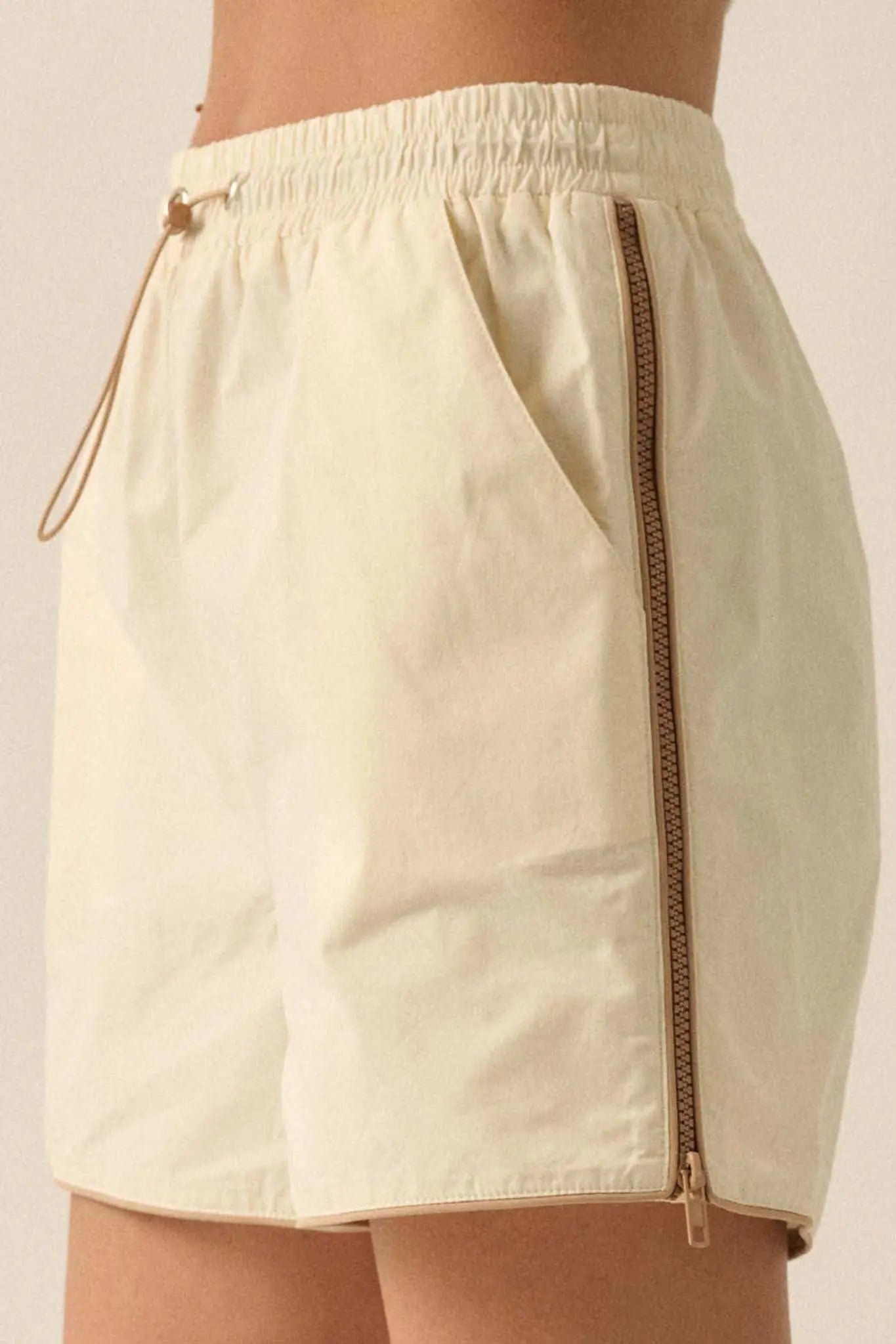 Zip Zap Side-Zip Piping-Trim Drawstring Shorts