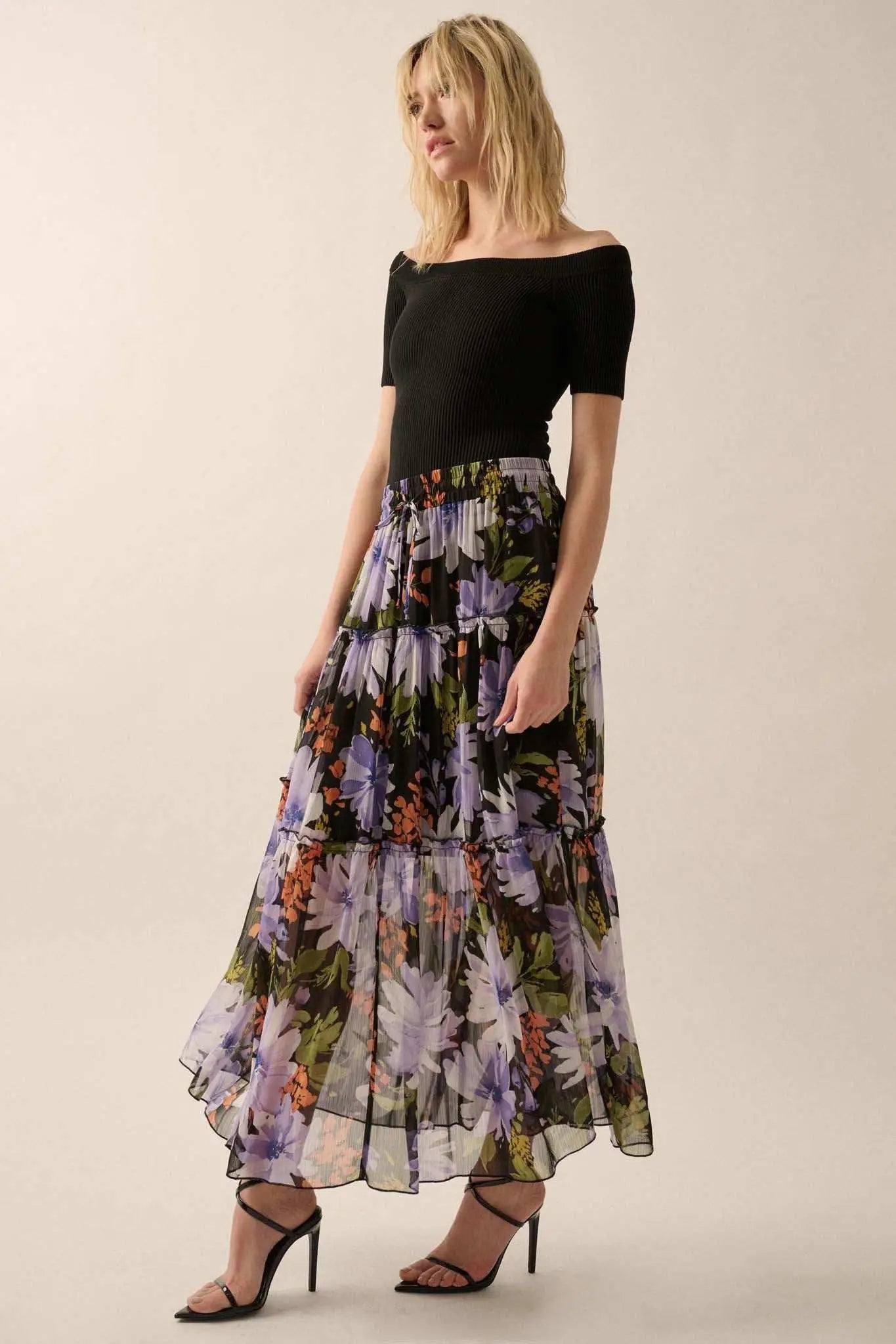 Twilight Bouquet Floral Chiffon Tiered Maxi Skirt