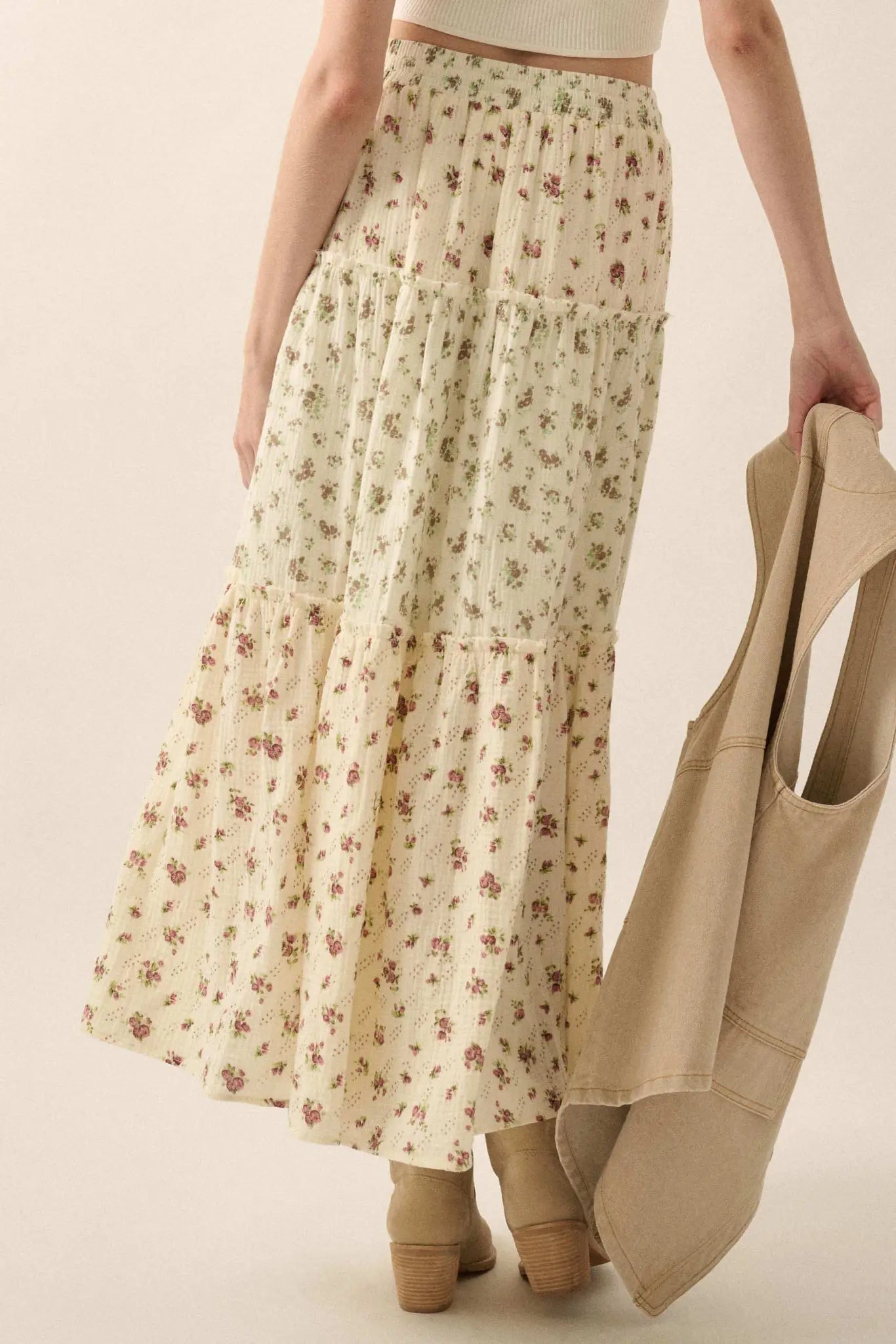 Sunny Meadow Floral Gauze Tiered Ruffle Maxi Skirt