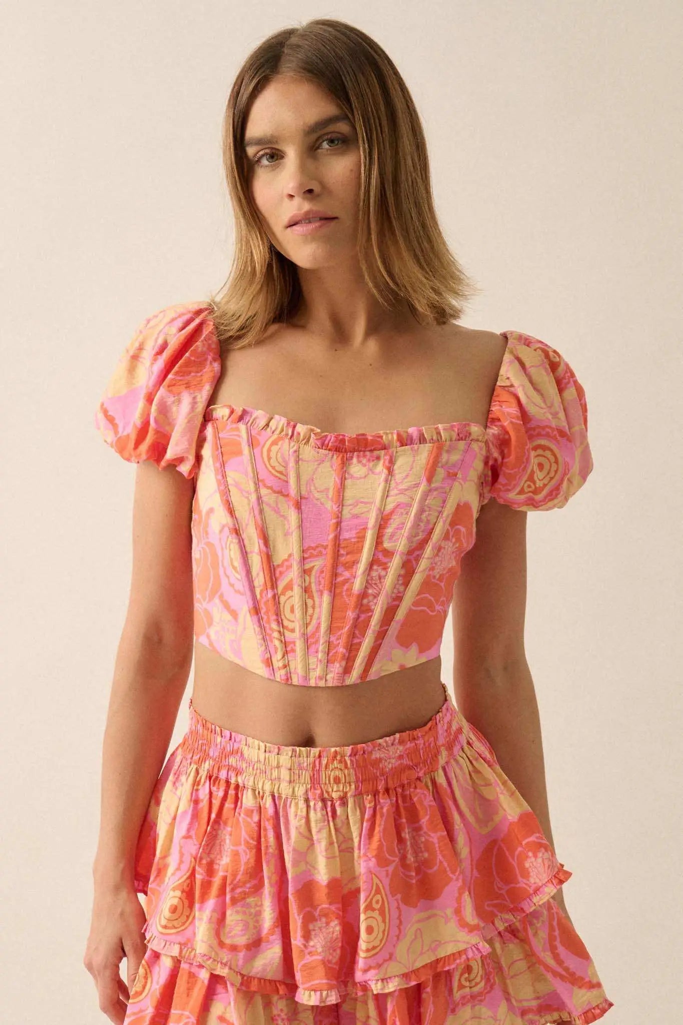 Sweet Sorbet Floral Paisley Puff-Sleeve Corset Top