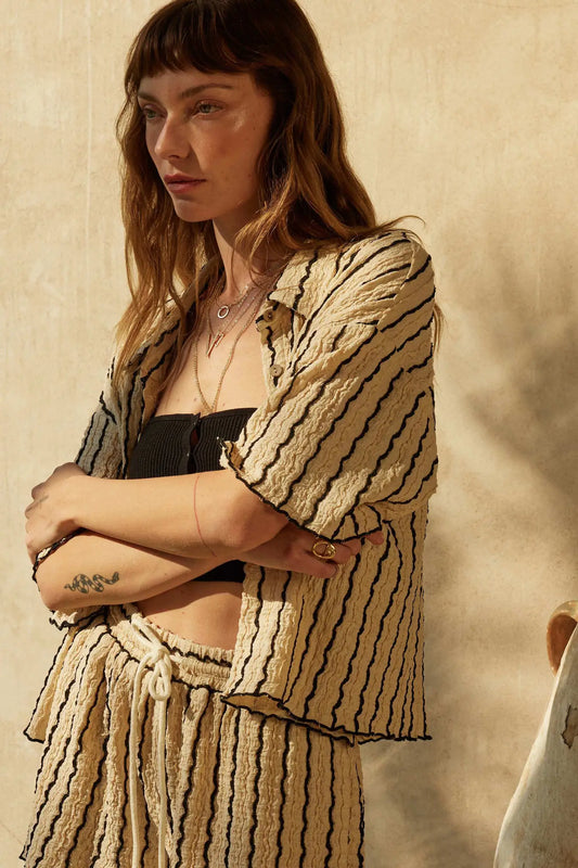 Waves Calling Striped Knit Button-Front Camp Shirt